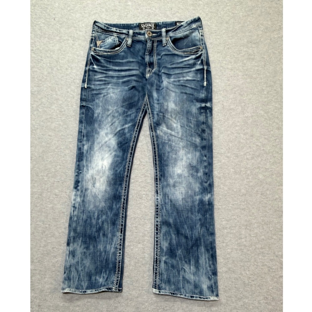 Salvage Havoc Slim Straight Blue Acid Wash Distressed Jeans Mens 31R Buckle